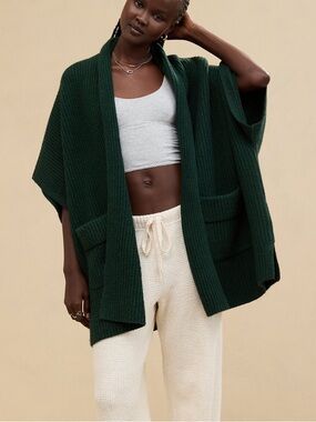 Aerie Mystic Green Cozy Shawl Collar Sweater Cape, Size Medium
